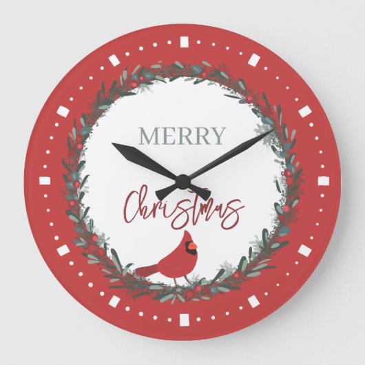 Red Berries Wreath and Red Cardinal Christmas  Grote Klok (Voorkant)