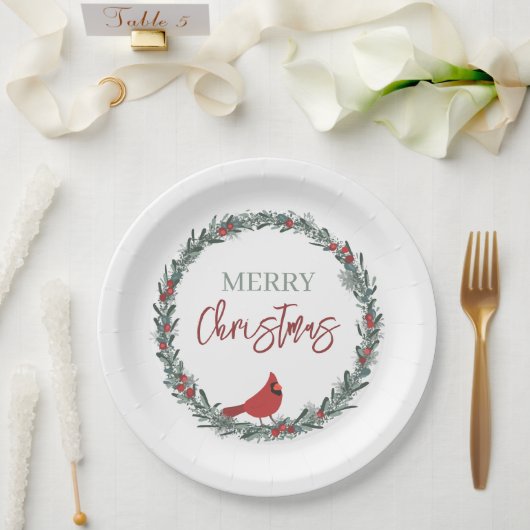 Red Berries Wreath and Red Cardinal Christmas Papieren Bordje (Huwelijk)