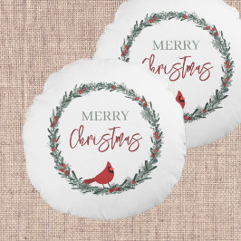 Red Berries Wreath and Red Cardinal Christmas  Rond Kussen