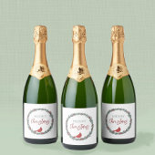Red Berries Wreath and Red Cardinal Christmas Sparkling Wijnetiket