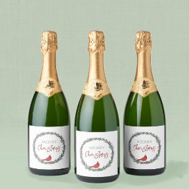Red Berries Wreath and Red Cardinal Christmas  Sparkling Wijnetiket