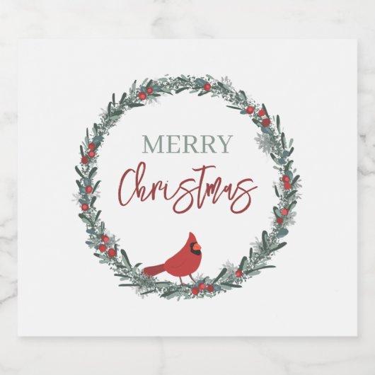 Red Berries Wreath and Red Cardinal Christmas  Sparkling Wijnetiket (Enkel label)