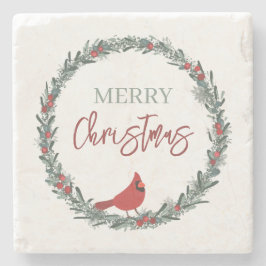 Red Berries Wreath and Red Cardinal Christmas  Stenen Onderzetter
