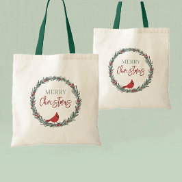 Red Berries Wreath and Red Cardinal Christmas  Tote Bag