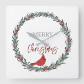 Red Berries Wreath and Red Cardinal Christmas Vierkante Klok (Voorkant)
