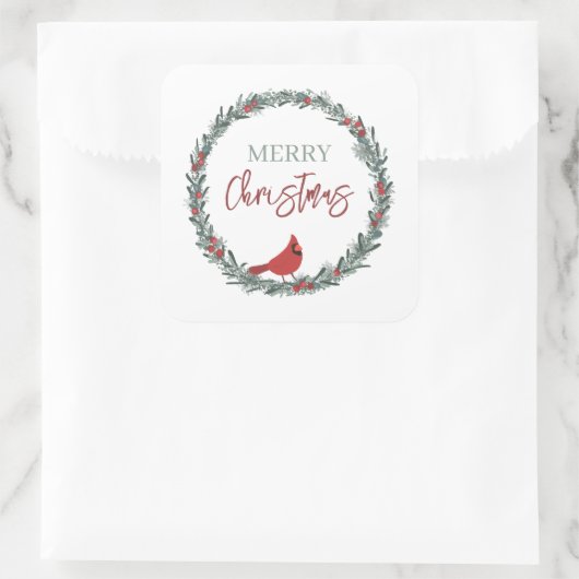 Red Berries Wreath and Red Cardinal Christmas  Vierkante Sticker (Tas)