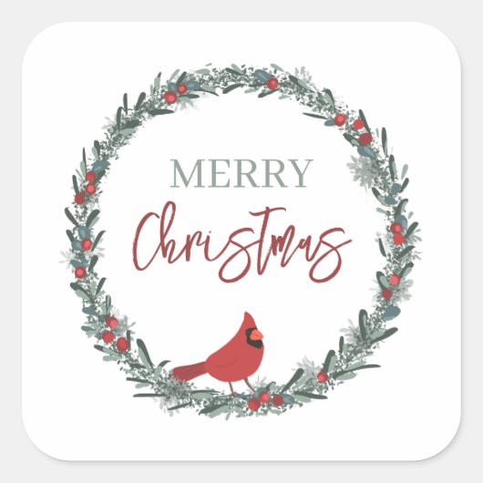 Red Berries Wreath and Red Cardinal Christmas Vierkante Sticker (Voorkant)