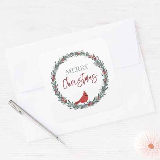Red Berries Wreath and Red Cardinal Christmas  Vierkante Sticker (Envelop)