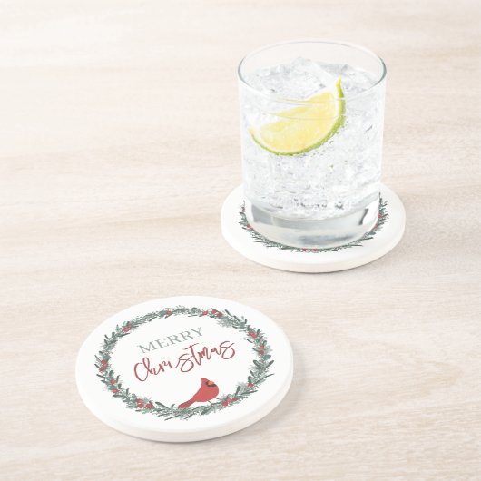 Red Berries Wreath and Red Cardinal Christmas Zandsteen Onderzetter (Zijkant)