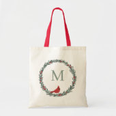 Red Berries Wreath and Red Cardinal Monogram Tote Bag (Voorkant)