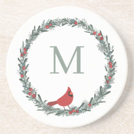 Red Berries Wreath and Red Cardinal Monogram  Zandsteen Onderzetter