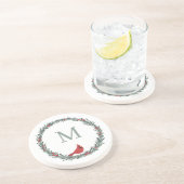 Red Berries Wreath and Red Cardinal Monogram Zandsteen Onderzetter (Zijkant)