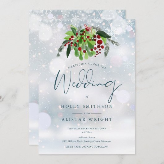 Red Berry Bloemen QR Code Winter Bruiloft Kaart (Voorkant / Achterkant)