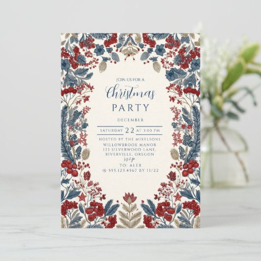 Red Berry & Blue Pine Christmas Kaart (Staand voorkant)