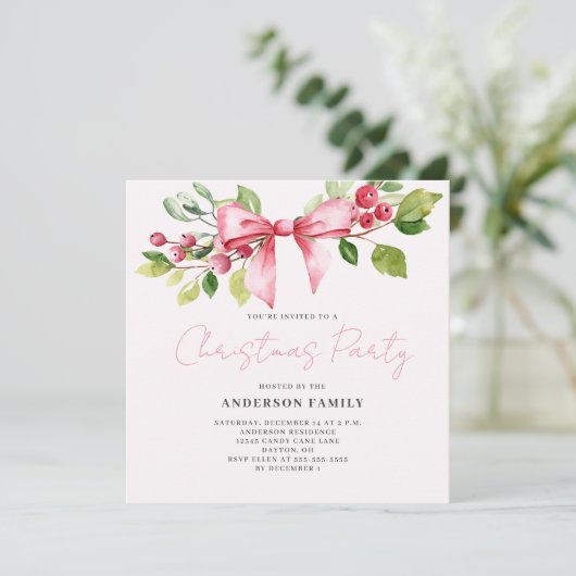 Red Berry Bow Kerst Vakantie Party uitnodiging (Staand voorkant)