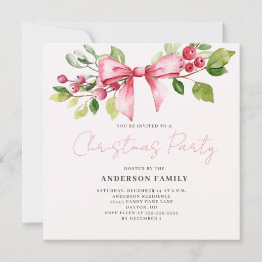 Red Berry Bow Kerst Vakantie Party uitnodiging (Voorkant)