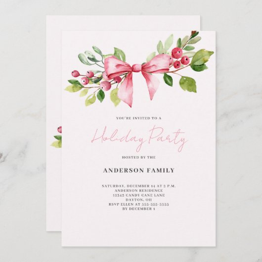 Red Berry Bow Kerst Vakantie Party uitnodiging (Voorkant / Achterkant)