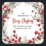 Red Berry Christmas Wreath Retouradres Vierkante Sticker<br><div class="desc">Neem de moeite van het verzenden van kerstkaarten dit jaar met deze feestelijke rode bessen kerstkrans retour adreslabels. Met een waterverf krans van rode bessen en botanische bladeren. Het kalligrafiescript en de sjabloon van een retouradres is eenvoudig aan te passen.</div>