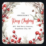 Red Berry Christmas Wreath Retouradres Vierkante Sticker<br><div class="desc">Neem de moeite van het verzenden van kerstkaarten dit jaar met deze feestelijke rode bessen kerstkrans retour adreslabels. Met een waterverf krans van rode bessen en botanische bladeren. Het kalligrafiescript en de sjabloon van een retouradres is eenvoudig aan te passen.</div>