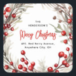 Red Berry Christmas Wreath Retouradres Vierkante Sticker<br><div class="desc">Neem de moeite van het verzenden van kerstkaarten dit jaar met deze feestelijke rode bessen kerstkrans retour adreslabels. Met een waterverf krans van rode bessen en botanische bladeren. Het kalligrafiescript en de sjabloon van een retouradres is eenvoudig aan te passen.</div>