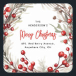 Red Berry Christmas Wreath Retouradres Vierkante Sticker<br><div class="desc">Neem de moeite van het verzenden van kerstkaarten dit jaar met deze feestelijke rode bessen kerstkrans retour adreslabels. Met een waterverf krans van rode bessen en botanische bladeren. Het kalligrafiescript en de sjabloon van een retouradres is eenvoudig aan te passen.</div>
