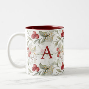 Red Berry Cranberry takken Monogrammed Kerstmis Tweekleurige Koffiemok