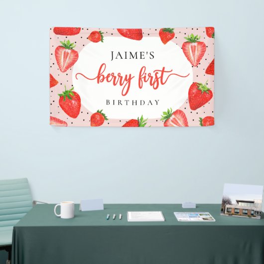 Red Berry Eerste Verjaardag Aardbei Meisje Verjaar Spandoek (Beurs)