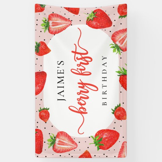 Red Berry Eerste Verjaardag Aardbei Meisje Verjaar Spandoek (Verticaal)