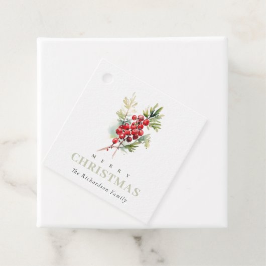 Red Berry Fir Winter Christmas Foliage Waterverf Bedankjes Labels (In situ)
