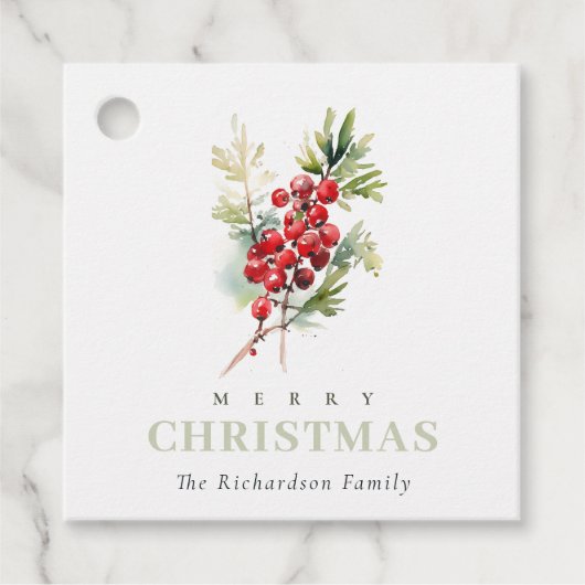Red Berry Fir Winter Christmas Foliage Waterverf Bedankjes Labels (Voorkant)