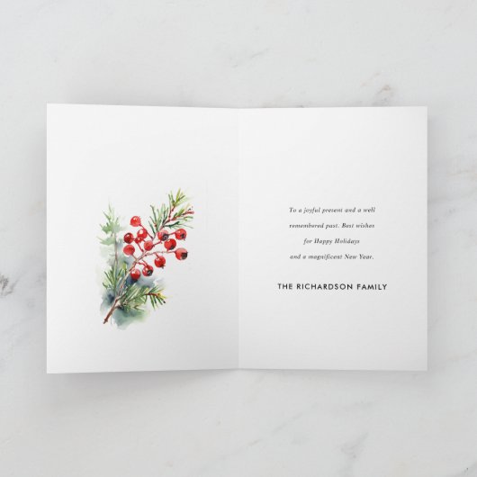 Red Berry Fir Winter Christmas Foliage Waterverf Feestdagen Kaart (Binnen)