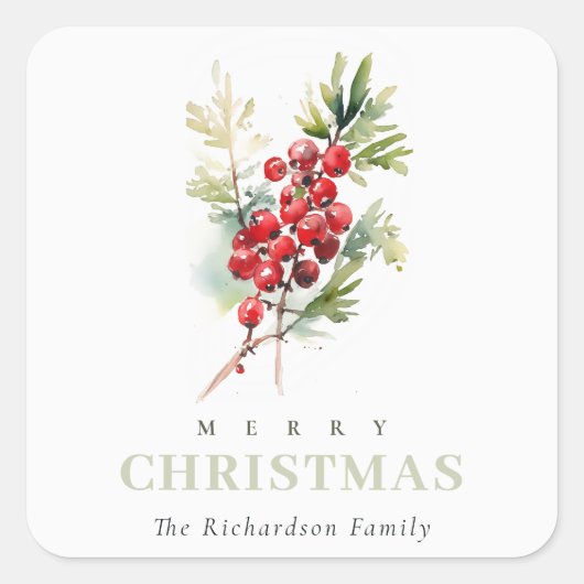 Red Berry Fir Winter Christmas Foliage Waterverf Vierkante Sticker (Voorkant)