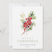 Red Berry Fir Winter Christmas Foto Waterverf Feestdagenkaart (Voorkant)