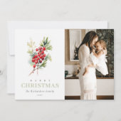 Red Berry Fir Winter Christmas Waterverf Foto Feestdagenkaart (Voorkant)
