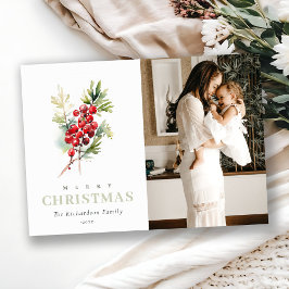 Red Berry Fir Winter Christmas Waterverf Foto Feestdagenkaart