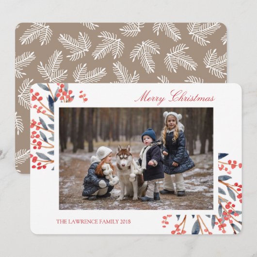 Red Berry Foliage Kerstfeestdag Fotokaart Feestdagenkaart (Voorkant / Achterkant)