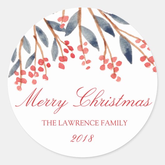 Red Berry Foliage Kerstmis gepersonaliseerd Ronde Sticker (Voorkant)