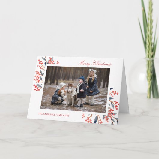 Red Berry Foliage Kerstvakantie foto Feestdagen Kaart (Voorkant)