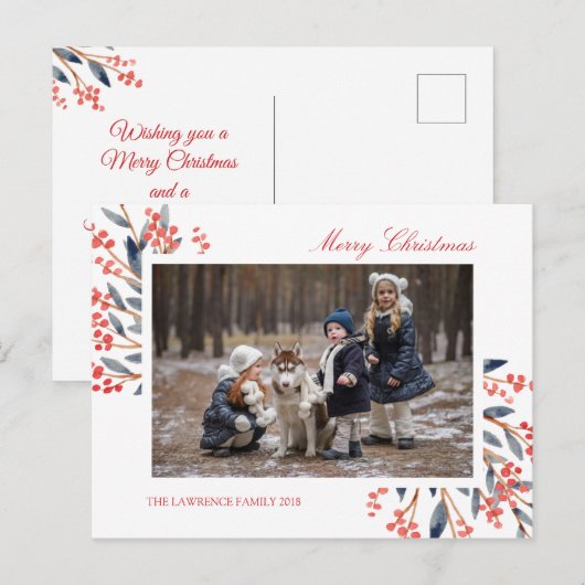 Red Berry Foliage Kerstvakantie foto Feestdagenkaart (Voorkant / Achterkant)