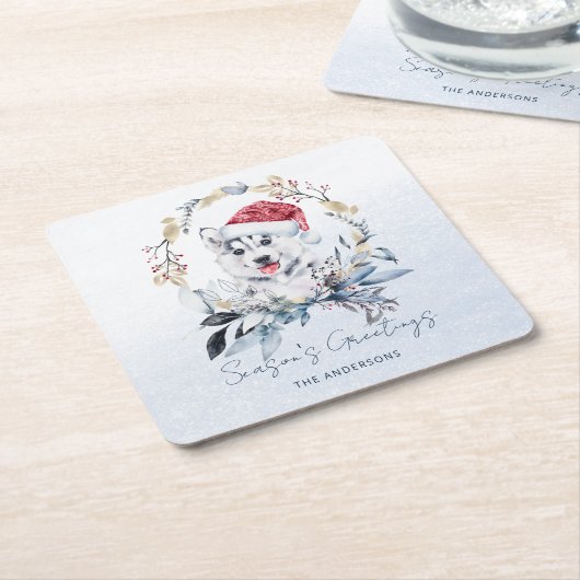 Red Berry Gold Krans Siberische Husky Dog Kerstmis Kartonnen Onderzetters (Schuin)