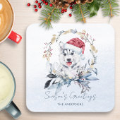 Red Berry Gold Krans Siberische Husky Dog Kerstmis Kartonnen Onderzetters
