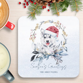 Red Berry Gold Krans Siberische Husky Dog Kerstmis Kartonnen Onderzetters