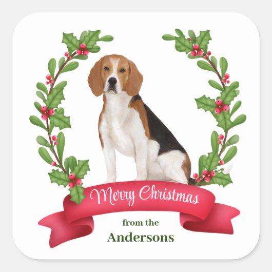 Red Berry Holly Banner Beagle Kerstmis Vierkante Sticker (Voorkant)