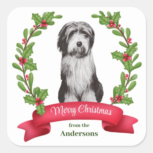 Red Berry Holly Banner Beardie Dog Kerstmis Vierkante Sticker (Voorkant)