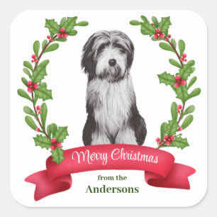 Red Berry Holly Banner Beardie Dog Kerstmis Vierkante Sticker