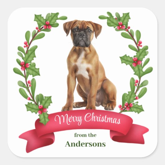 Red Berry Holly Banner Boxer Dog Kerstmis Vierkante Sticker (Voorkant)