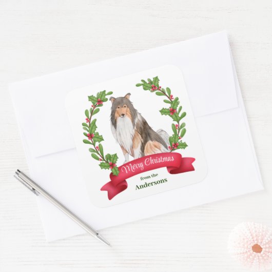 Red Berry Holly Banner Collie Dog Kerstmis Vierkante Sticker (Envelop)
