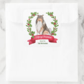 Red Berry Holly Banner Collie Dog Kerstmis Vierkante Sticker (Tas)