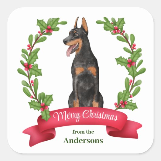 Red Berry Holly Banner Doberman Pinscher Kerstmis Vierkante Sticker (Voorkant)
