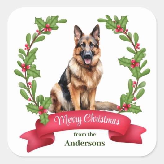 Red Berry Holly Banner German Shepherd Kerstmis Vierkante Sticker (Voorkant)